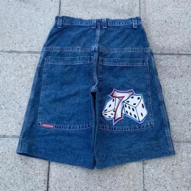 メンズショーツJNCO Y2Kパンツハラジュクヒップホップグラフィックレトロブルーバギーデニムジムメンズレディースハイウエストバスケットボールショート