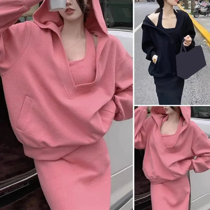 Arbetsklänningar Elegant Maxi Dress Suit Women's Hoodie Set V Neck Top Sleeveless Outfit For Commute 2 PCS Solid Color Halter