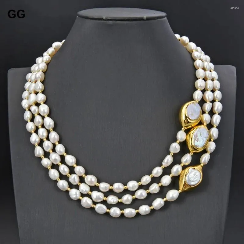 Naszyjniki wisiorek gg biżuteria 3 pasma 18 ''-21 '' biała barokowa perła 24 K Złote Kolor Splowany Keshi Naszyjnik dla kobiet