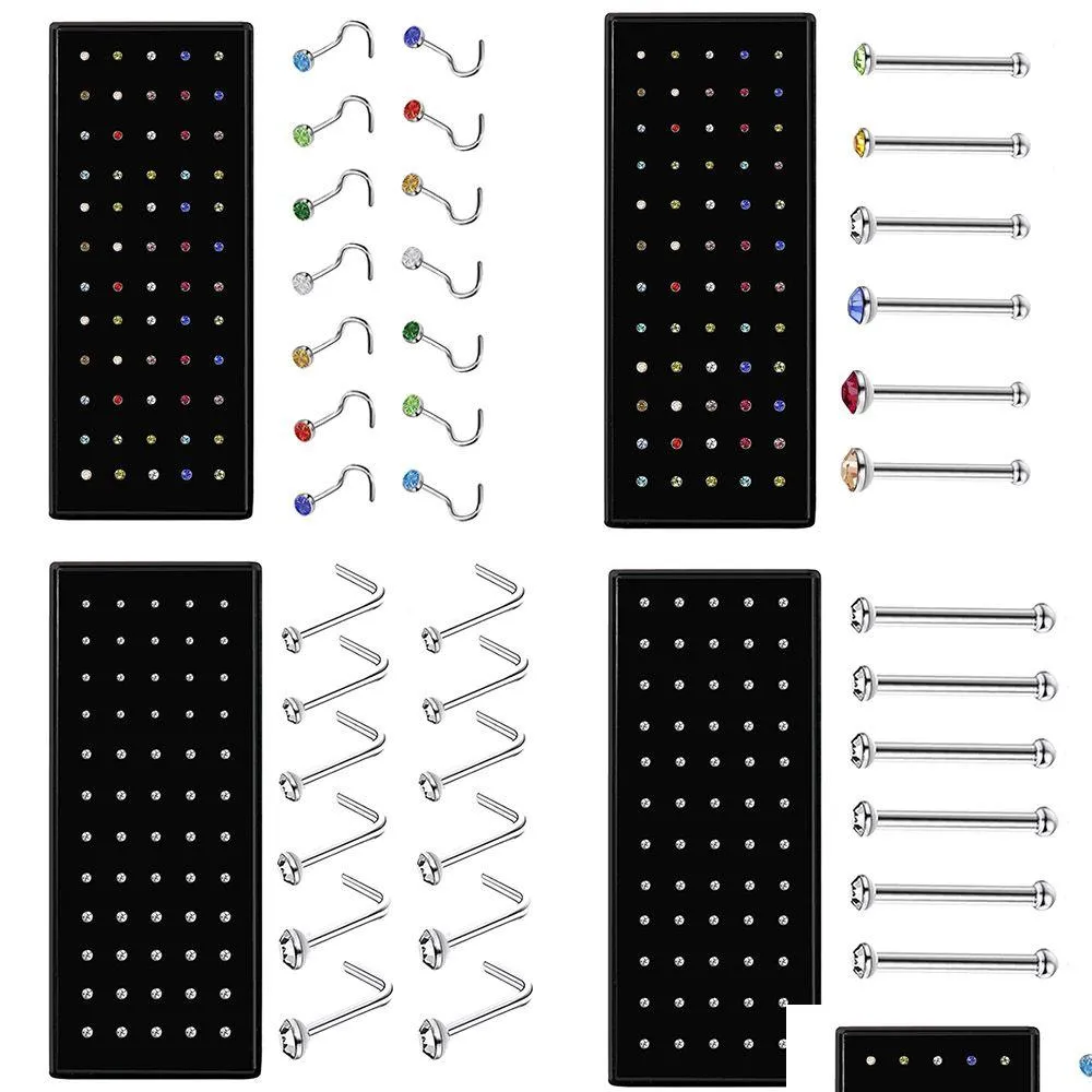 Näsringar studs 60 datorer boxade l-form studset med kristallkropp piercing pistol kit falsk ring rostfritt stål nål hoop pack juvelr dhyzq