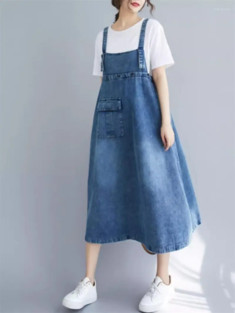 Lässige Kleider Koreanische Version Retro Denim Armband Kleid Frau Sommer 2024 Lose Saum Mitte Länge Jeans insgesamt Vestido K610