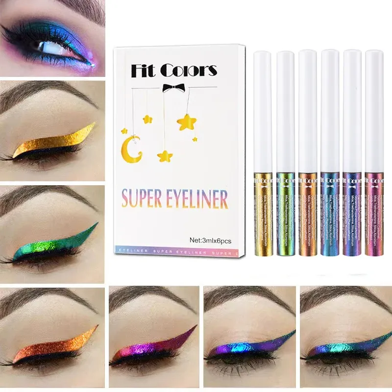 Eyeliner 6 färger gyllene kameleon flytande eyeliner set vattentät långvarig diamant glitter metall ögonfoder glänsande makeup kosmetika