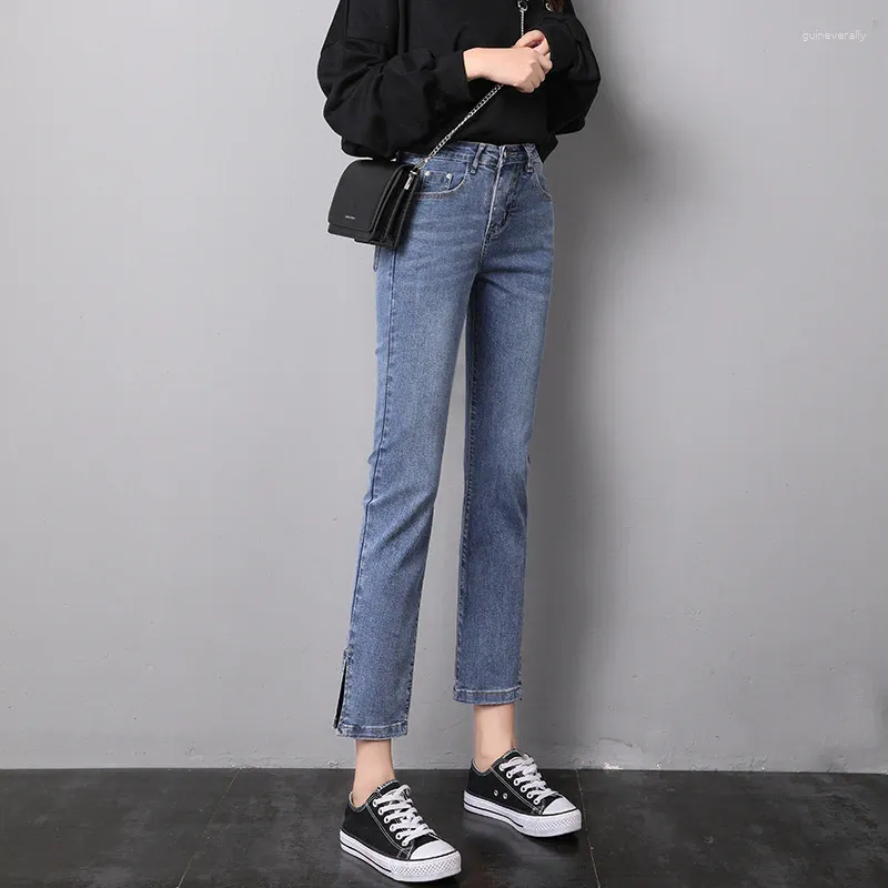 Kvinnors jeans 2024 Autumn High midja smala raka beskärda byxor