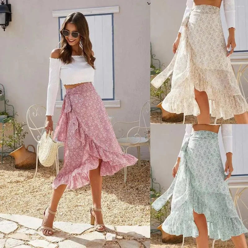 Skirts Spot Lace Up And Split Irregular Chiffon Skirt With Floral Fragments