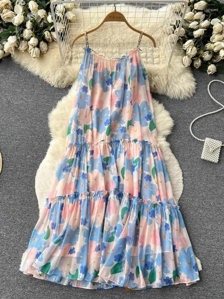 Lässige Kleider yuoomuoo romantische Ketten Träger Blumendruck Langes Kleid Frauen weich faul lose A-Line-Urlaubsfeier Korean Strand Vestidos