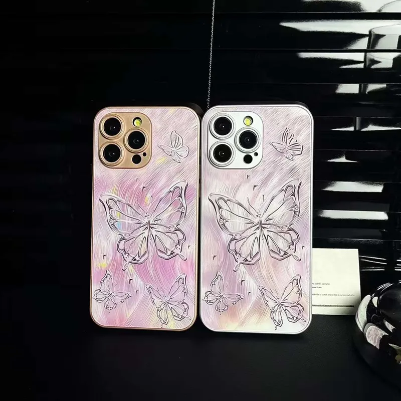 Fashion Butterfly Metallic Painted Glass shell Cases For Iphone 15 Pro Max 14 Plus 13 12 11 Iphone15 Luxury Cute Lovely Hard Plastic PC Soft TPU Fine Hole Phone Cover