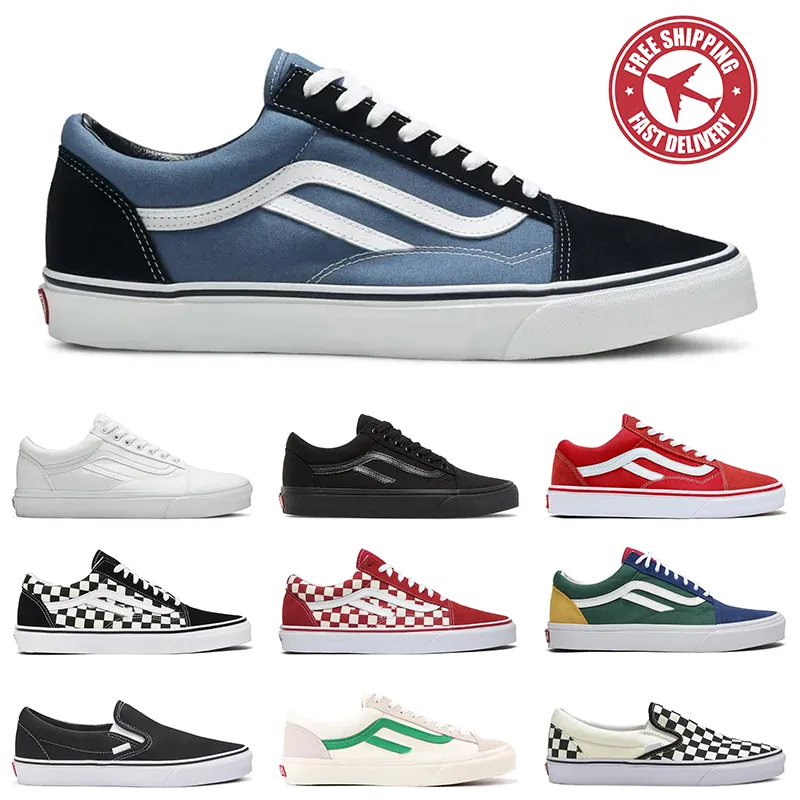 gratis verzending skateboard schoenen voor mannen dames canvas ontwerper sneakers old skool klassieke zwart wit blauw dambord slip op casual schoenen heren vintage trainers