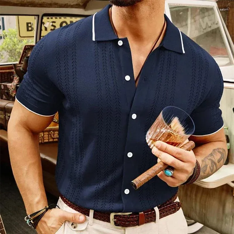 Herren lässige Hemden Herren gestrickt kurzärmelig Schleicher Fit Button-up-Stelltimen für Männer Sommer-Stricken Polo Streetwear