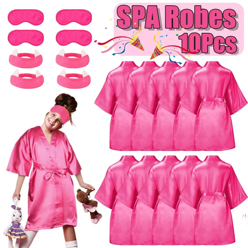 10pcs Set Spa Party Robe Kimono Girl Girl Bathrobe Satin Silk Birthday Slumbers Child Disposable Favors with Bandbandblindfold 240407