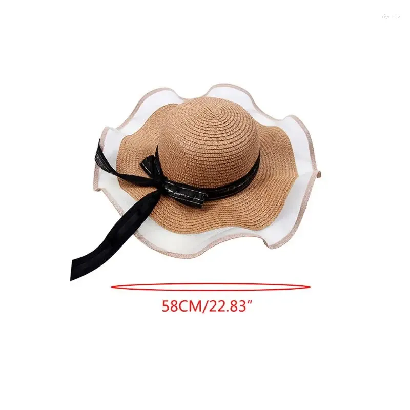 Cappelli larghi da donna Pagnello estivo floppy per cappello da sole Mesh patchwork Wavy Ribbon Bowknot Elegante Crema solare Beach Strata Stra