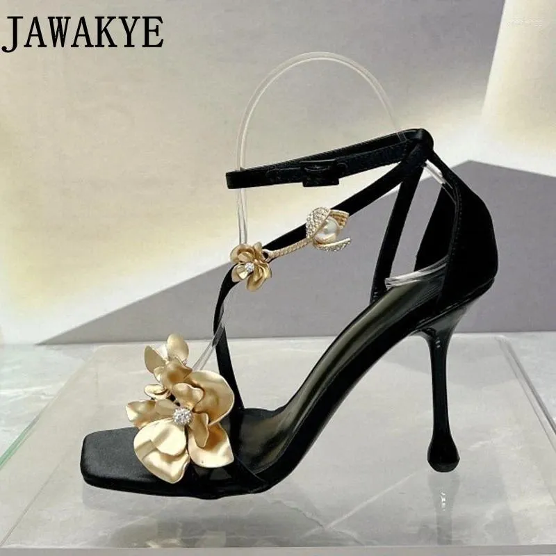 Klänningskor Summer Ladies High Heel Sandals Gold Flower Formal Party Designer Brand Ankle Strap Bridal Pumps