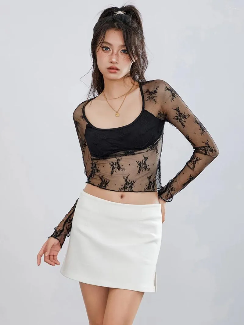 Women's T Shirts Women S Long Sleeve Mesh Top Round Neck Sheer Blouse See Through Floral Lace Tops Fall Club Streetwear