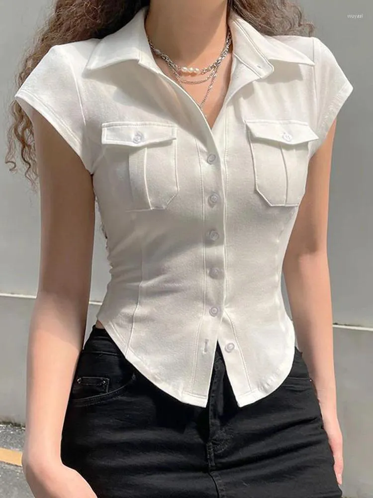 Blusas femininas camisas femininas de verão tampo de manga curta Top ladras Blusa branca Estilo Preppy Feminino de peito único chique Slim Camisas de Mujer
