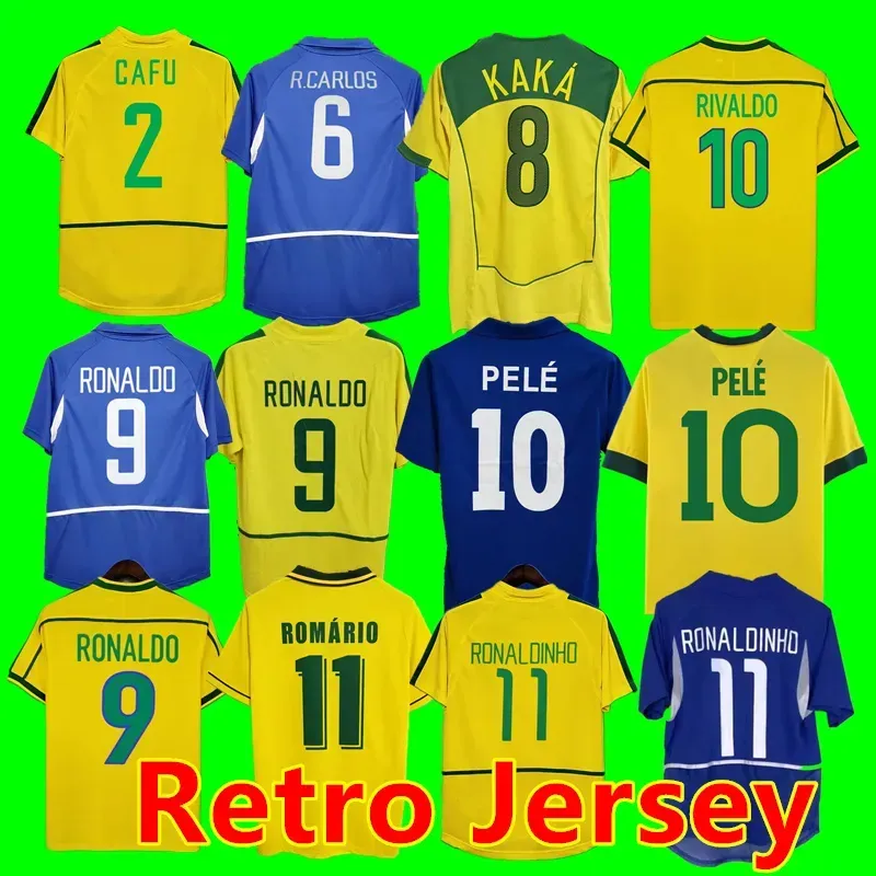 Brasil Vintage Jersey Romario Rivaldo Brazils Carlos Ronaldinho Camisa de Futebol 1998 2002 Ronaldo Kaka 2006 2000 1994 1970 1957 1950 Pele Retro Soccer Jerseys