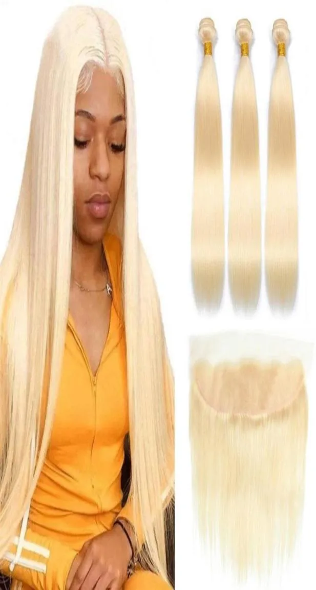 Blonde Bundles with Frontal Straight Hair 613 Bundles with Frontal Closure Brazilian Hair Weave Bundles 13x4 HD Lace Frontal4848521485563