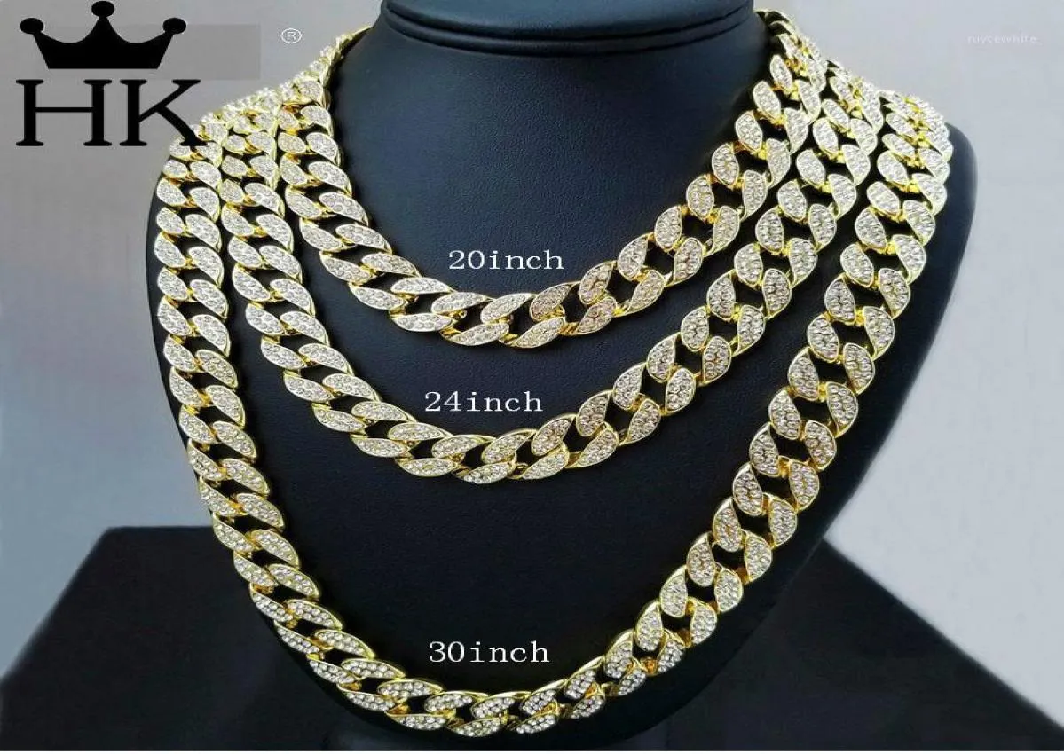 Iced Out Bling Rhinestone Crystal Goldgen Finish Miami Cuban Link Chain Men039s Hip hop Necklace Jewelry 18 20 24 30 Inch N02108652