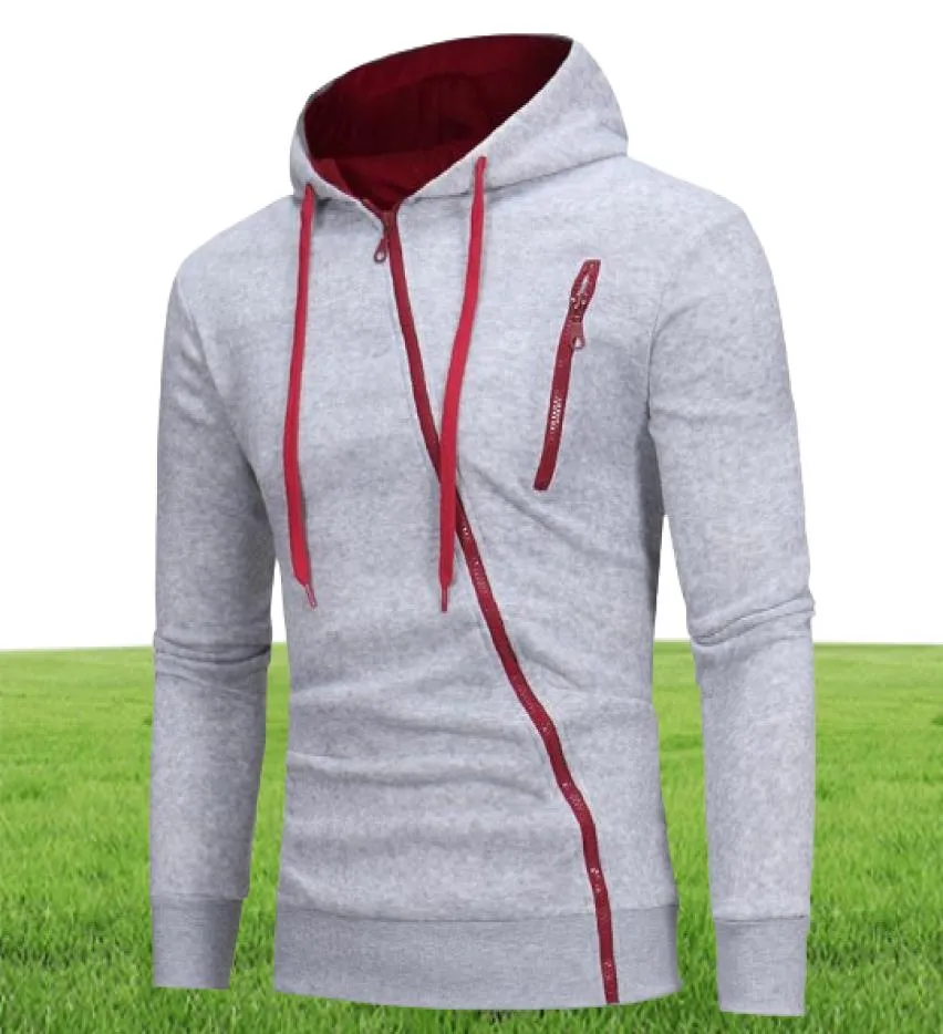 Hooded Casual Sweatershirt Men Diagonal Zipper Hit Color Cotton Blend Long Sleeve Hoodie Pocket Tops Jacket Coat Outwear4312932