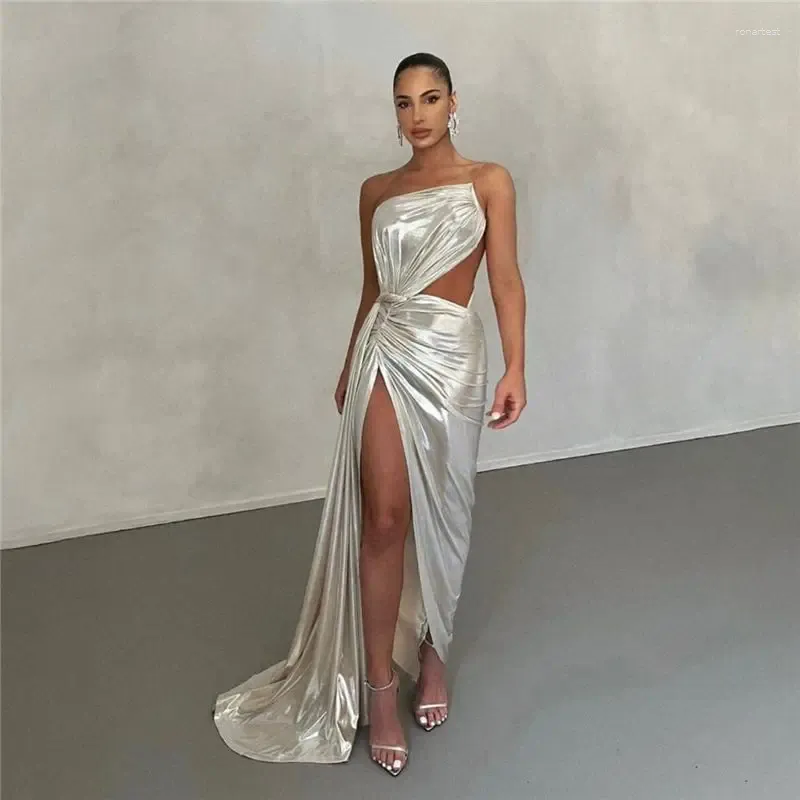 Casual Dresses Women's 2024 Spring Slim Sliver Backless Elegant Skinny Shiny Party Clubwear Hollow Out Lady Vestidos