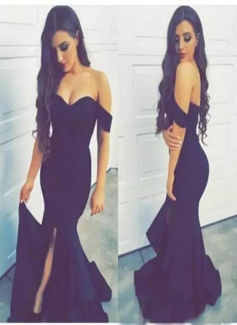 2019 Sexy Off the ramię długie sukienki na studniówkę syrenę Slit Slit arabski czarna satyna Arabia Saudyjska Dubai Formalne suknie wieczorowe z RUF8999167