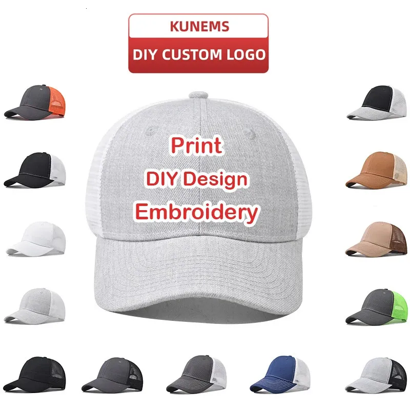 Kunems Erkekler ve Kadınlar İçin Özel Nakış Beyzbol Kapağı DIY Tasarım Mesh Cap Baskı Şapkası Kaliteli Pamuk Şapka Toptan Unisex 240411