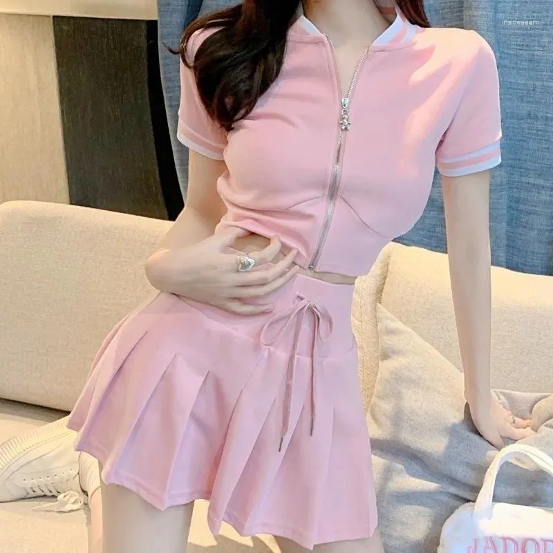 Work Dresses Sweet Spicy Girl Stand Collar Top Pleated Skirt Two-piece Set Women Lace Up College Sport Leisure Summer Slim Female Suit