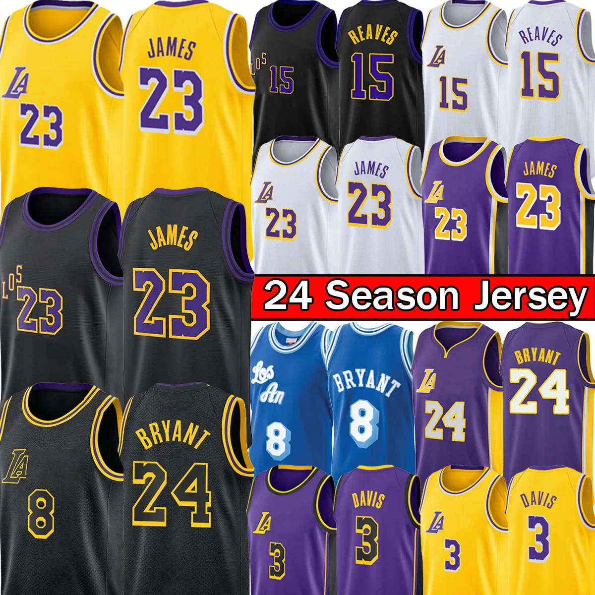 Bryant 6 LeBron 23 James 2023-24 Jersey de basquete Austin Russell d'Angelo Russell Anthony 3 Davis Los City Angele Homem Crianças Crianças Costeiras de Esportes Retro