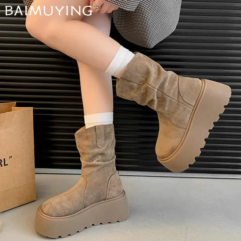 Suede Platform Women Ankle Boots Er Mid Heels Shoes Trend Walking Non Slip Winter Botas De Mujer 241118_voghion.com