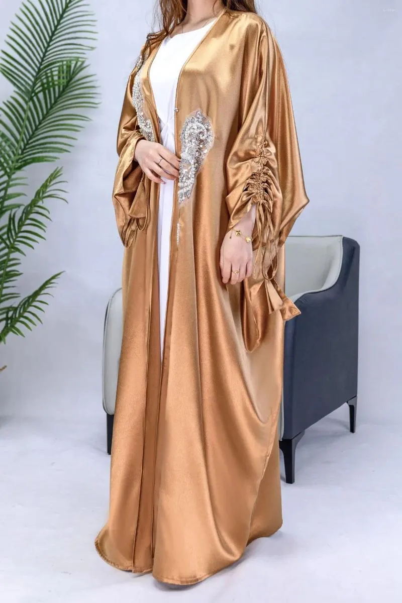 Ubranie etniczne Dubaj Kobiety muzułmańskie satynowe frezowanie otwartą abaya kimono długie maxi sukienka indyka eid impreza kaftan arabska szata maroko jalabiya