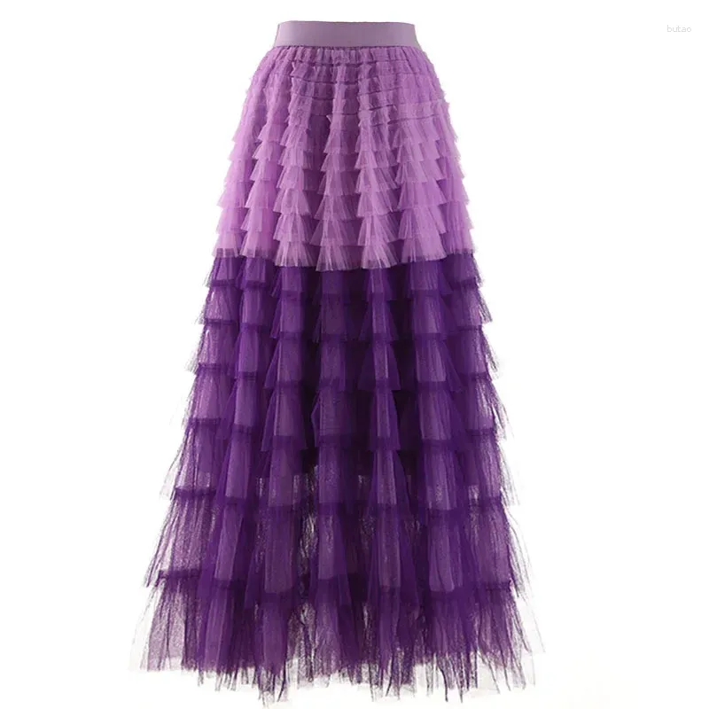 Skirts Sweet Cakee Layered Maxi Long Gradient Tulle Skirt Fungas Pleated A-line Tiered Ankle Mesh Pink Purple