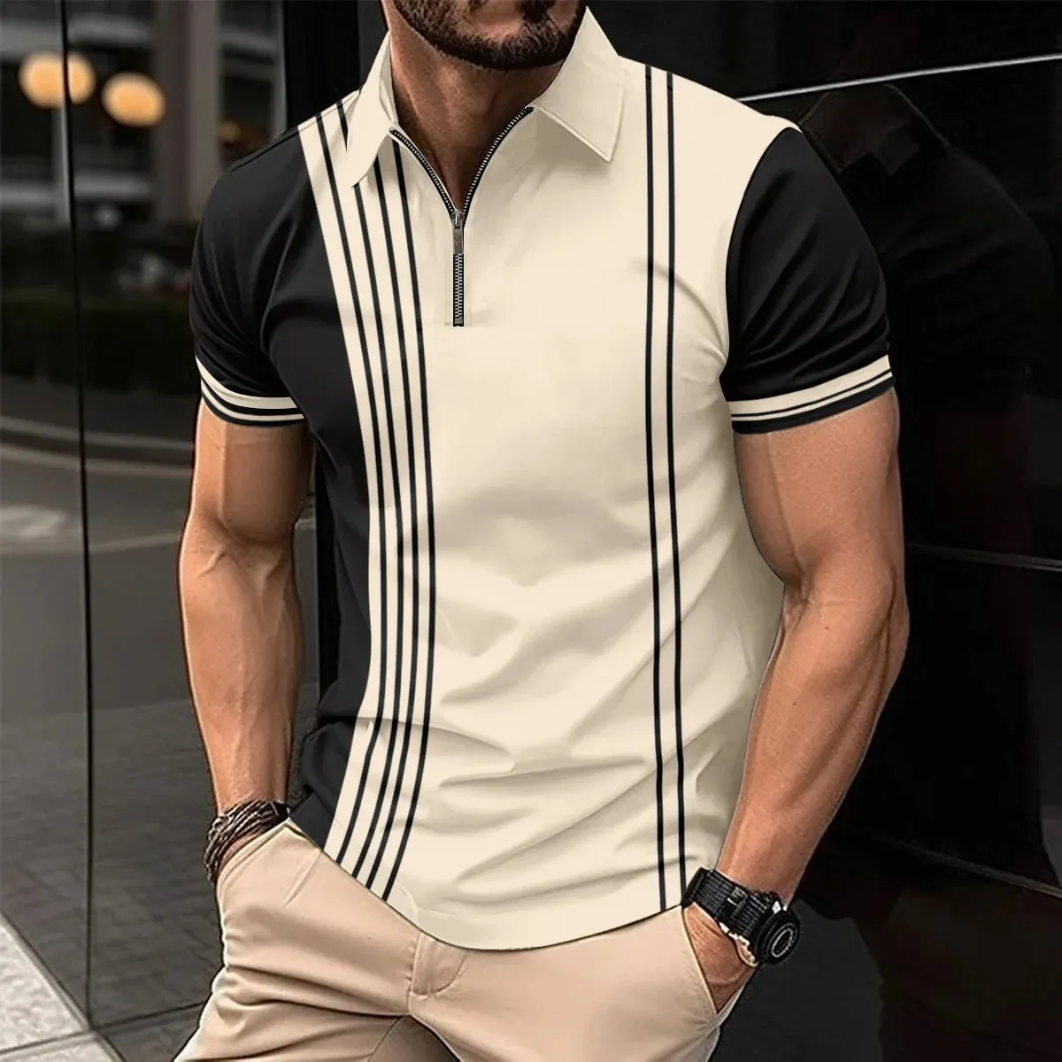 2024 Summer Mens Explosive Striped Top Slim Hateble Zipper Lapel Mens Clothing Sports Leisure Golf Polo Shirt 240415