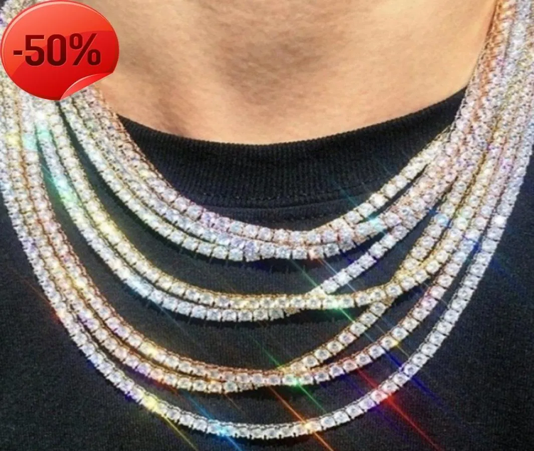 Iced Out Tennis Chain Real Zirconia Stones Silver Single Row Men Femmes 3 mm 4 mm 5 mm Diamants Collier Bijoux Gift For Theme Party6240984