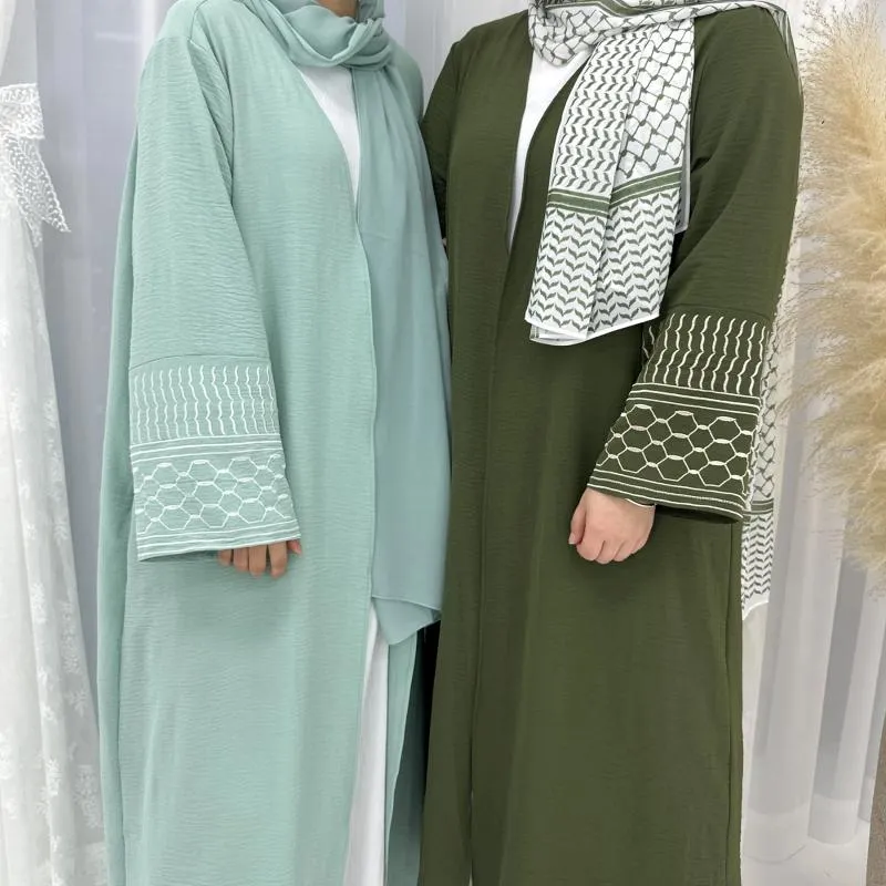 Ethnische Kleidung Keffiyeh Offen Abaya mit Stickerei Hülse Palästina Muslim Kimono Abayas für Frauen Dubai Turkey Islam Kaftan Hijab Robe