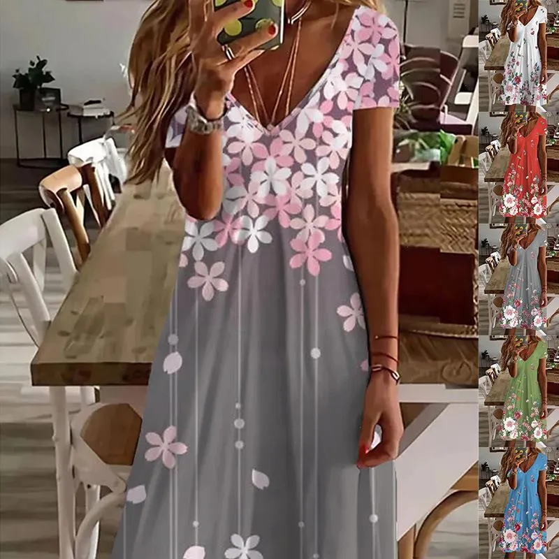 Spring And Summer Large Size Womens V Neck Floral Print Dress