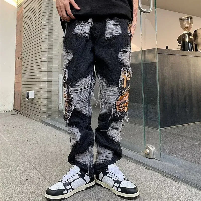 Grunge Clothes Y2K Streetwear Baggy Ripped Stacked Jeans Pants Men Straight Old Hip Hop Denim Trousers PantALOni Uomo 240417