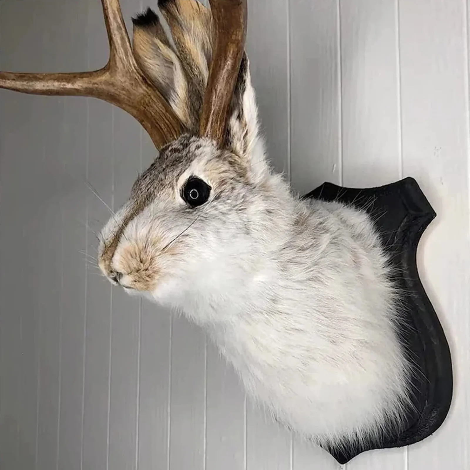 Antlers Rabbit Head Statue Home Decoration 3D Abstract Sculpture Wall Hang Decor Animal Statues Living Room Mural Art Craft 240418