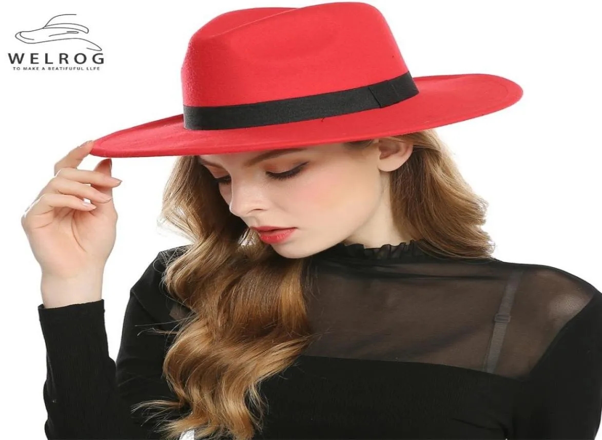 WELROG Black Red Fedora Hats For Women Imitation Wool Fedoras Panama Felt Hat Winter Men Jazz Hats Trilby Chapeau Femme Caps Y20018875629