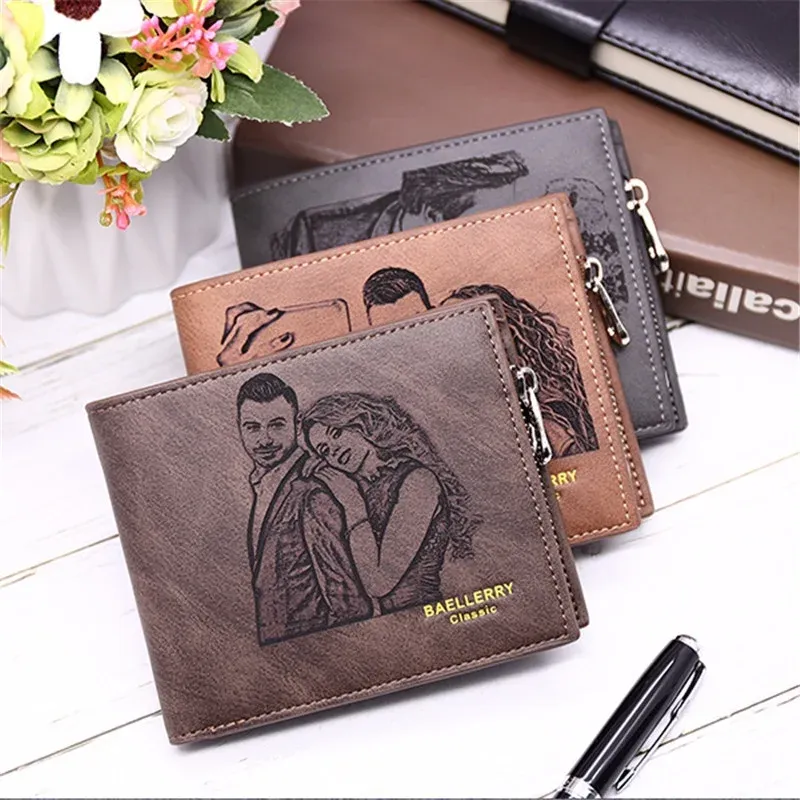Wallets Custom Picture Text Wallet for Men Leather Purse with Zipper Coin Purses Engraved Photo Words Gift for Men Personalized Gifts