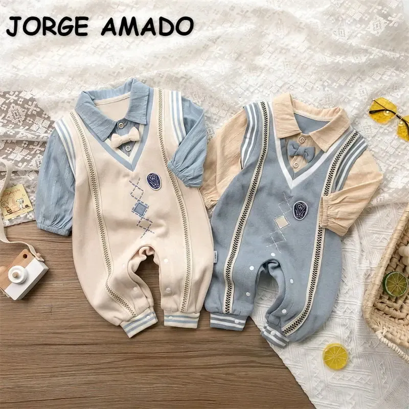 Autumn Baby Boy Romper Mangas compridas Blue Dampict Patchwork