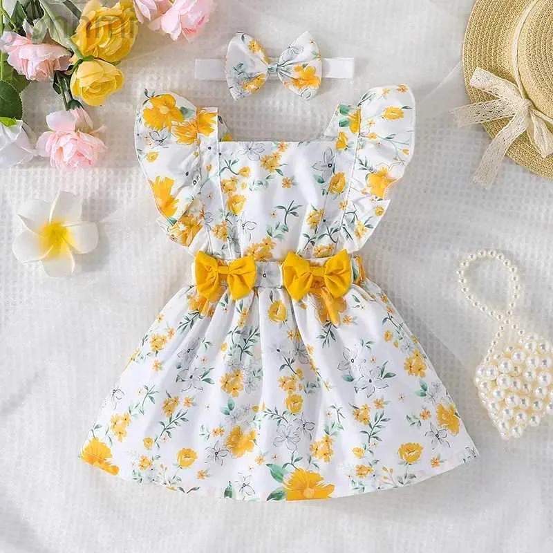 Girl's Dresses Dress For Kids Newborn 3 - 24 Months Birthday Butterfly Sleeve Cute Yellow Floral Princess Formal Dresses Ootd For Baby Girl d240423