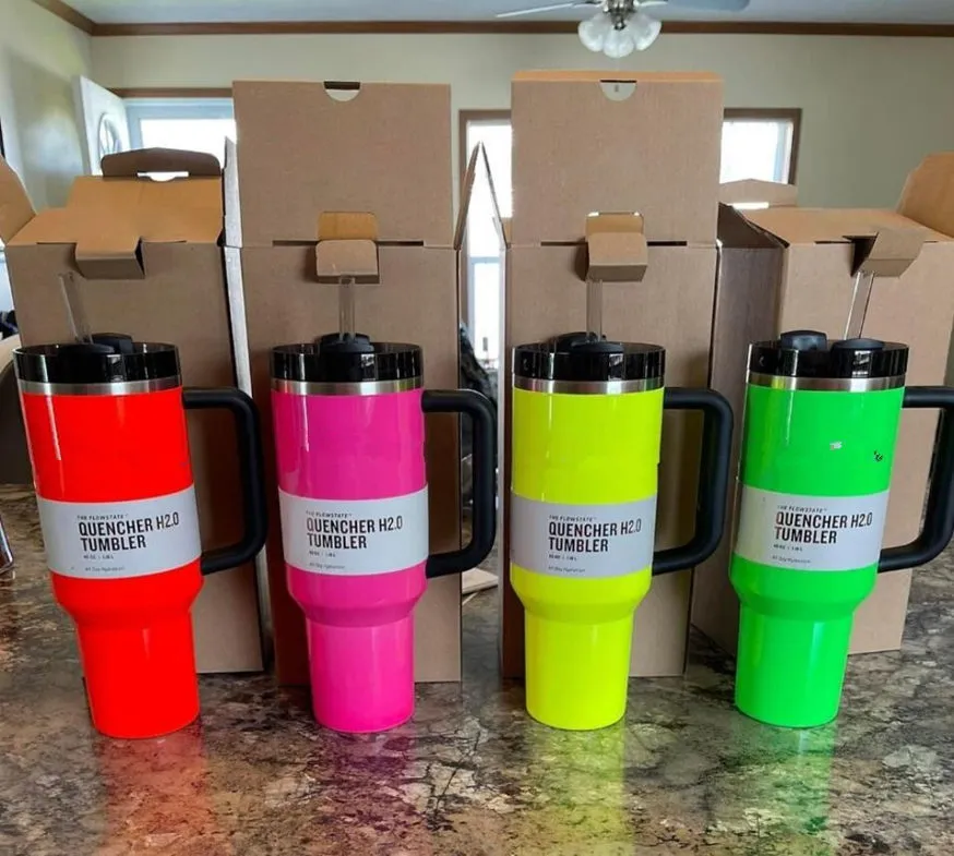 US Stock Neon Pink Electric 40oz Tumblers Yellow Oranje Neon Green Quencher H2,0 kopjes met siliconengreeplid en stro winter roze zwarte auto mokken