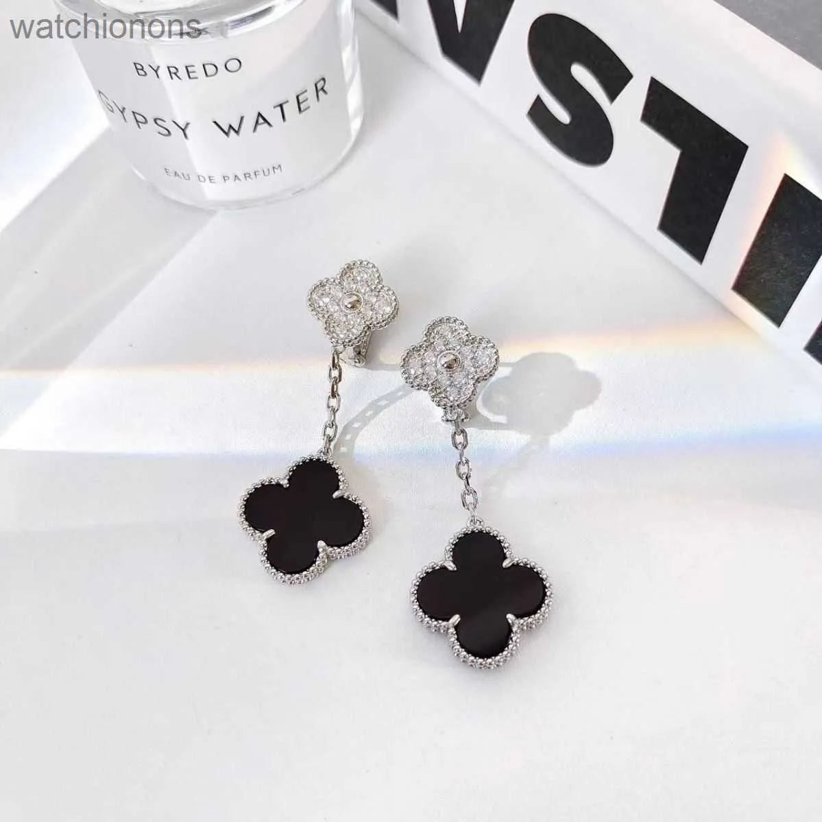 Womens Top Grade Vancelfe Original Designer Earrings Sterling Silver Double Flower Clover Earrings Plated with k White Gold Jewelry with Logo