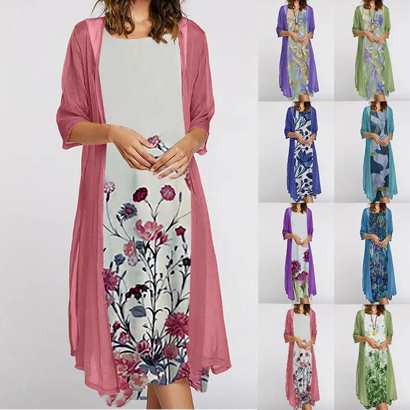 Summer Womens Dress Two Piece Set Flowers And Plants Printed Round Neck Coat Women