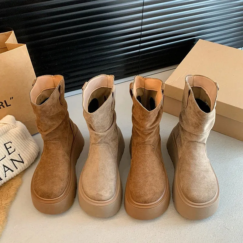 Suede Platform Ankle Boots For Women Mid Heel Walking Shoes Non Slip_voghion.com