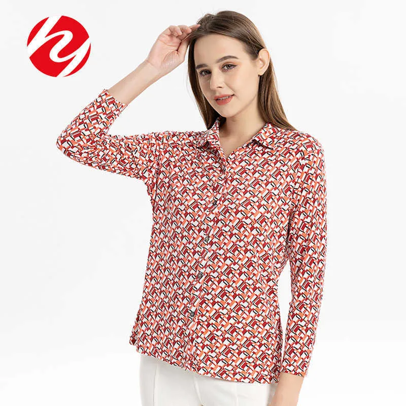 Camisa de seda de solapa de Huaye Spring and Summer Nuevo cárdigan de manga de manga larga de punto de punto doble impreso para mujer