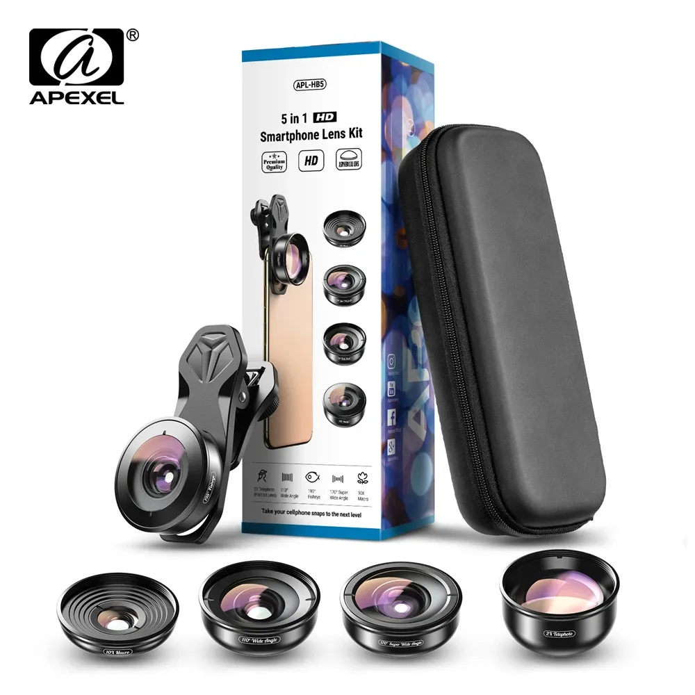 Télescopes Apexel Professional 5 en 1 Kit d'objectif téléphonique de l'appareil photo 4K HD Wide Macro Telescope Super Fisheye Lens pour iPhone Samsung All Smartphone