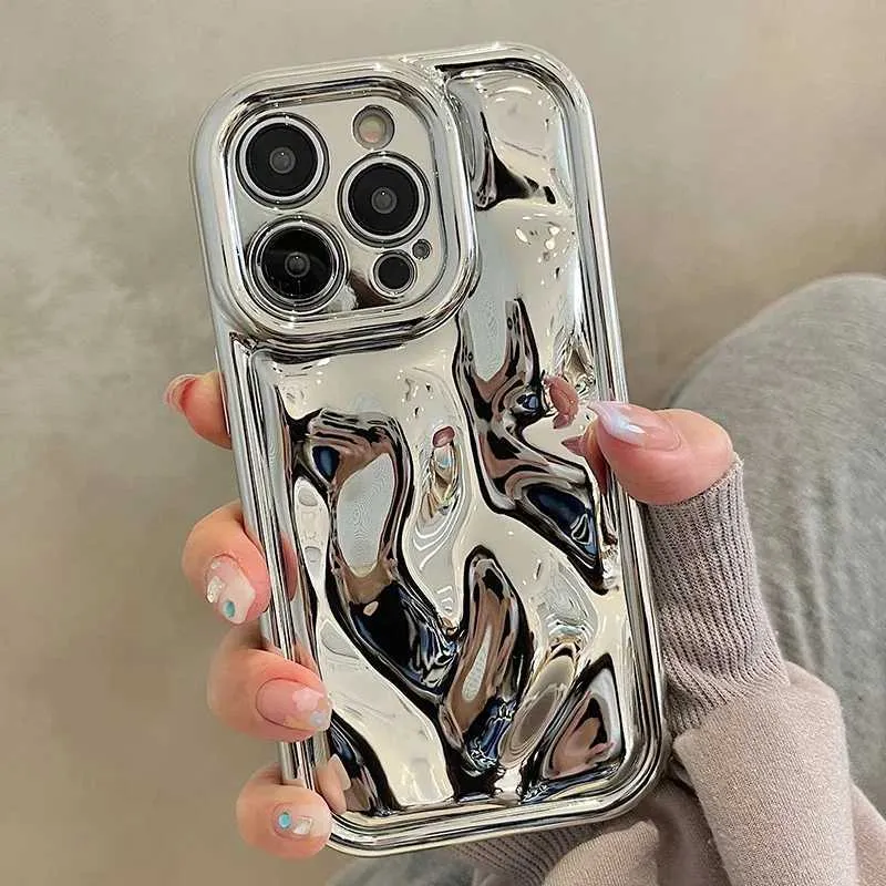 携帯電話のケース光沢3D met石メタライトテクスチャプレート銀電話ケースiPhone 14 13 12 15 Pro Max 11カメラ保護金属カラーバックカバーJ240418