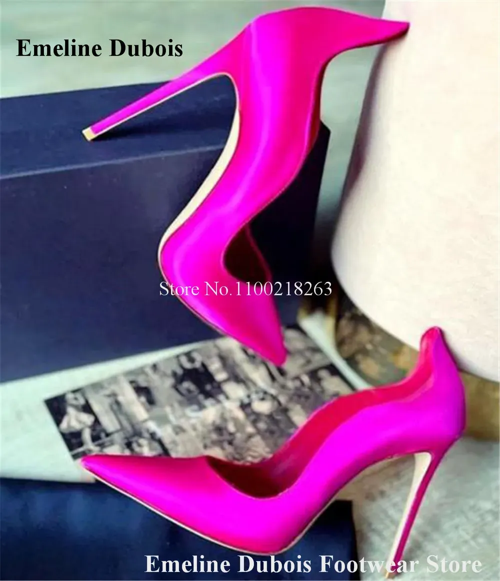 Sandals Fuchsia Pink Satin Pumps Emeline Dubois Newest Pointed Toe 8cm 10cm 12cm Cut Slipon Stiletto Heel Dress Shoes Wedding Heels