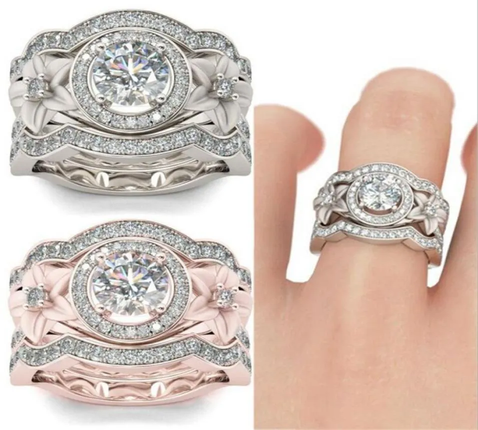 2020 Gioielli di moda vintage 925 Sterling Silver 3 PC Anelli Floreri Anello di fiori CZ Diamond Wedding Engagement Band Ring per Lovers6175069