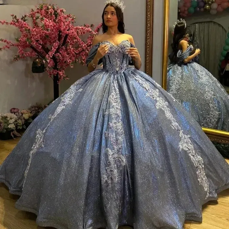 Off Shoulder Long Sleeves Appliques Ruffles Navy Blue Quinceanera Dress for Sweet 16 WQ1212