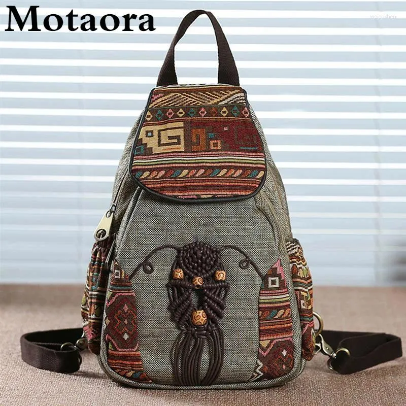 学校のバッグMotaora Handmade Backpack女性用ビンテージキャンバスバックパックナショナルスタイルの幾何学的なプリントバッグ女性シンプルな旅行